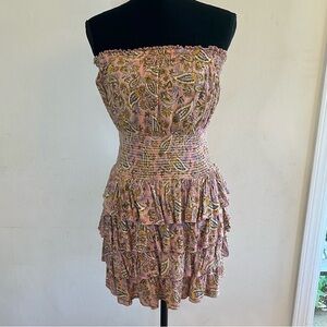 Aqua Strapless Paisley Tiered Ruffle Skirt Dress